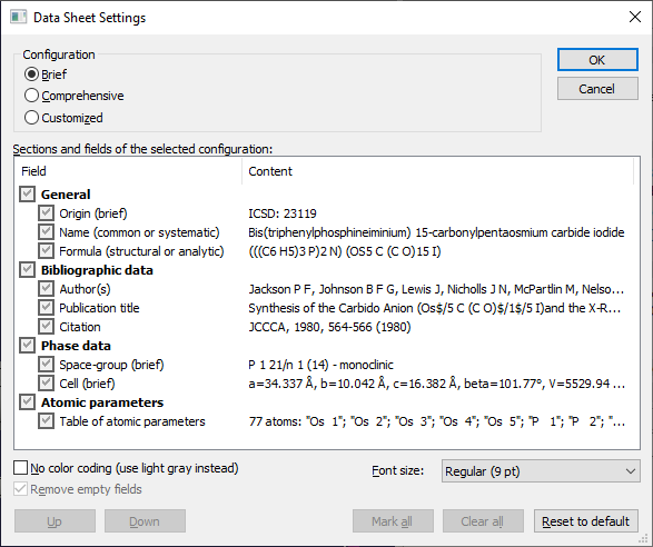 Data Sheet Settings dialog with option Brief configuration selected