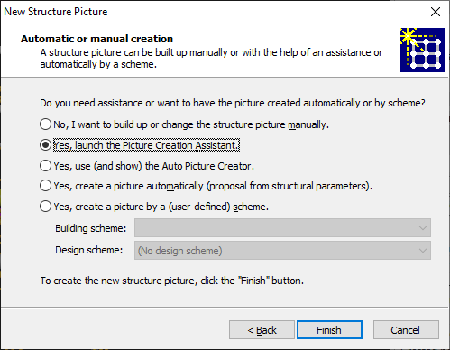 Screenshot of New Structure Picture assistant with options to build up a structure picture manually or by guidance
