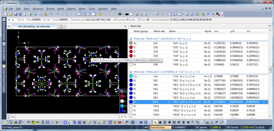 Screenshot of Diamond with atom list arranged by molecules