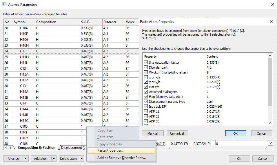 Screenshot with Paste Atom Properties dialog