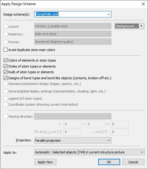 MOF-5 compound COD:1516287 with terephtalic units selected and Apply Design Scheme dialog open